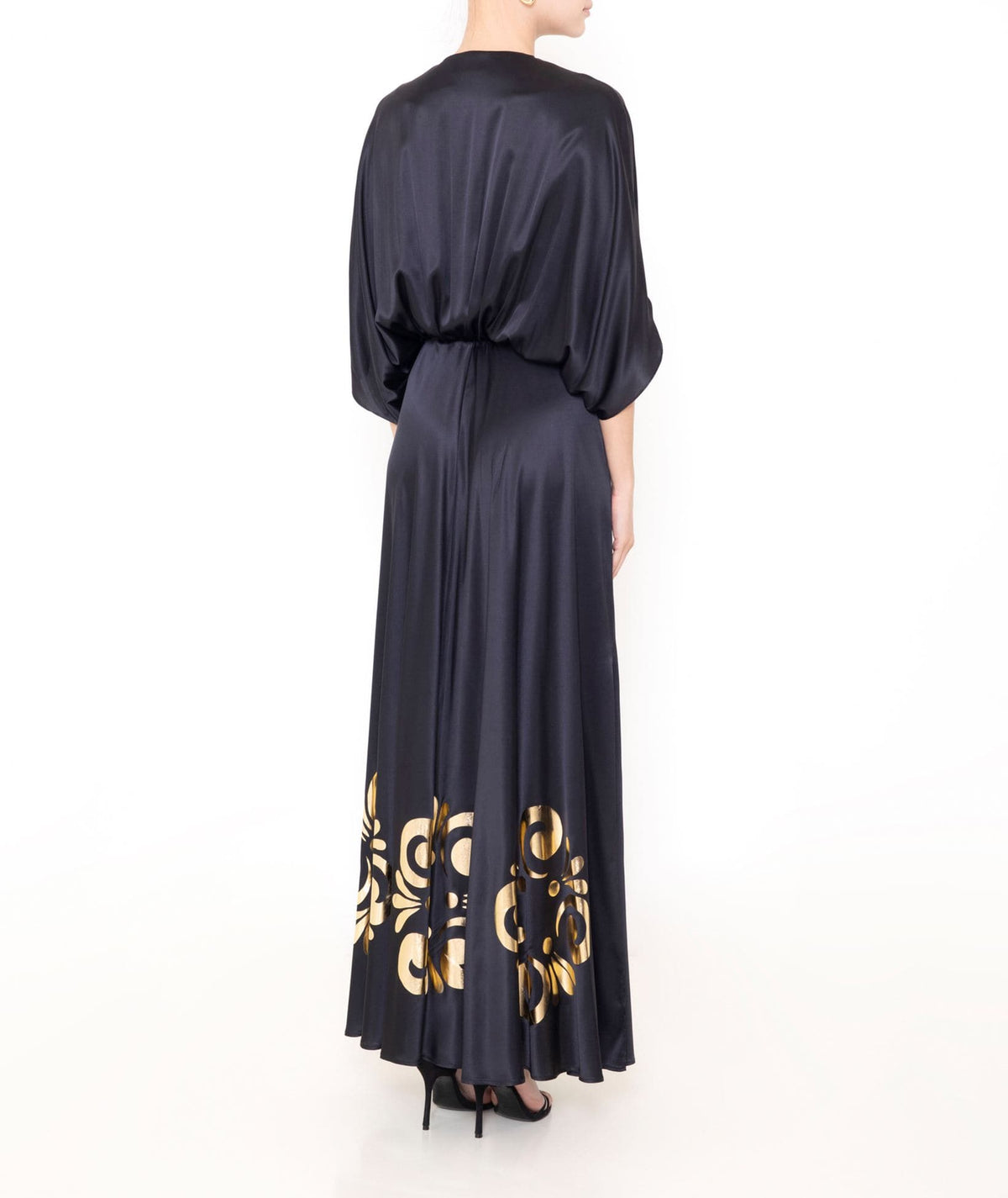 Themis Z | Black silk satin Iris maxi dress with gold foil Themis Z