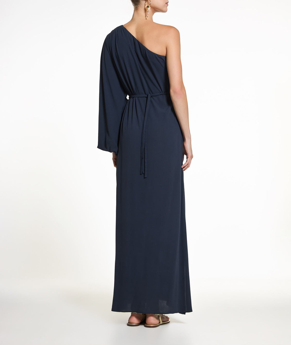 Ancient Kallos | Navy blue one shoulder Niriis belted maxi dress Ancient Kallos