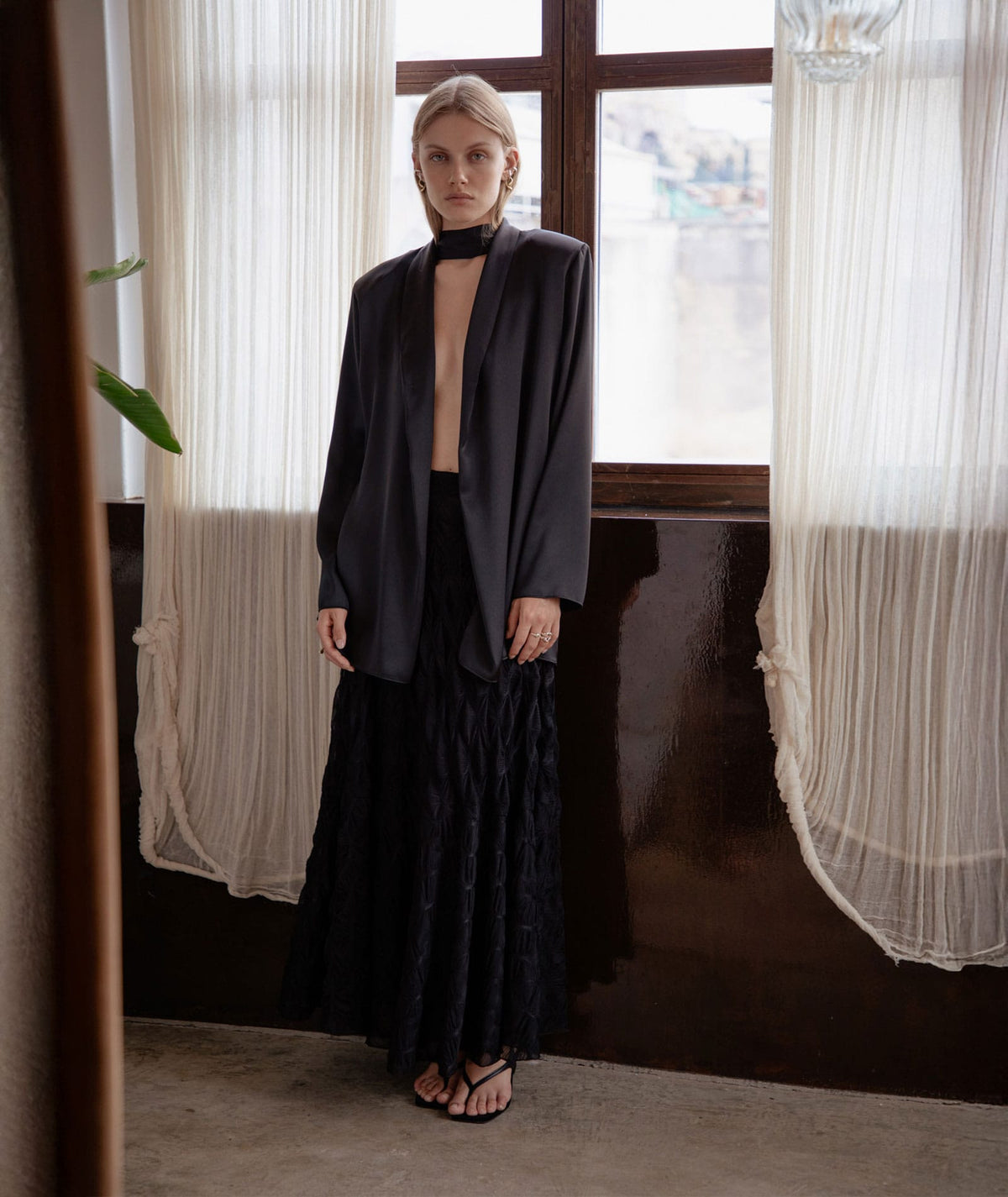 Nidodileda | Black satin Rhia belted blazer Nidodileda