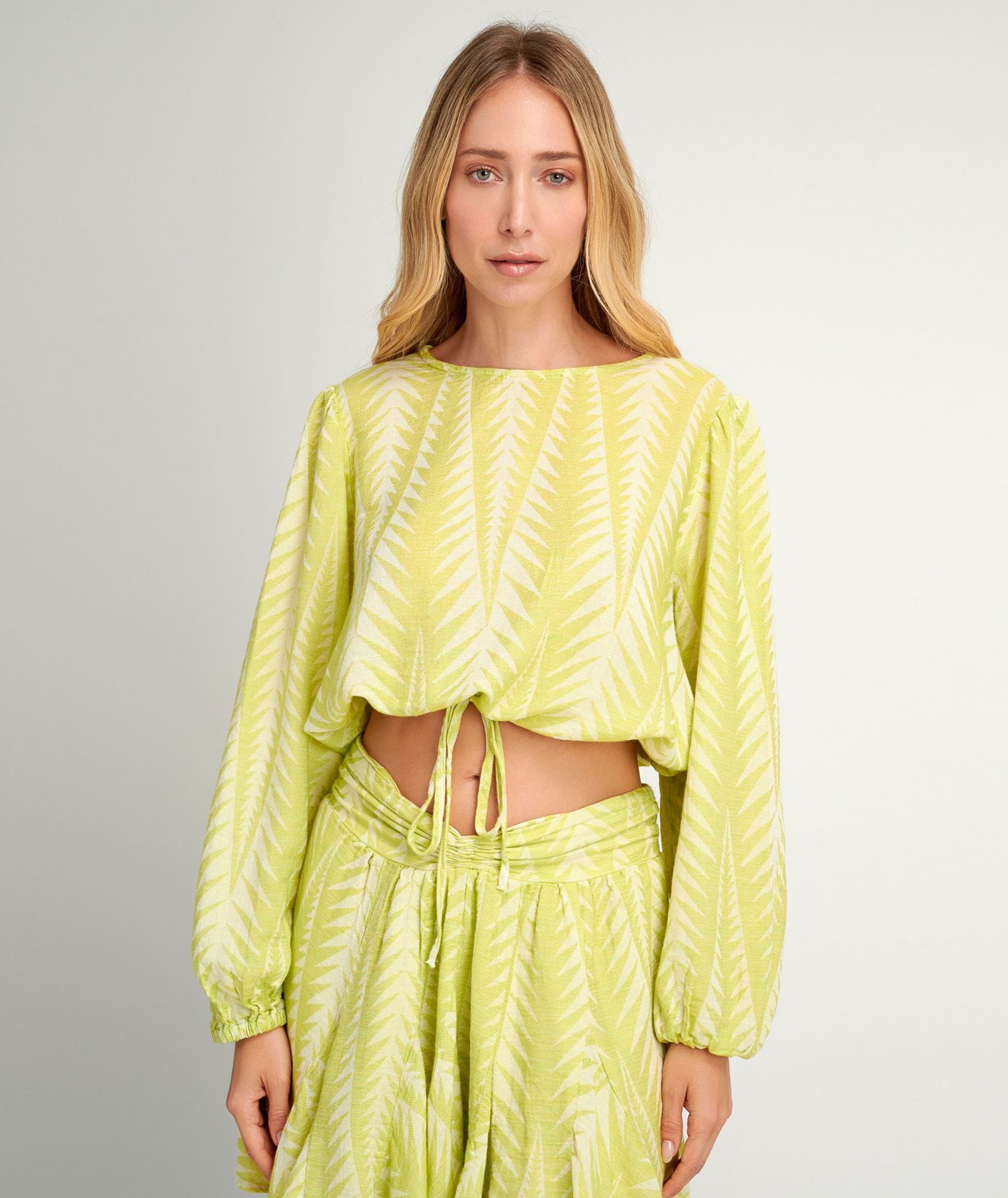 Pearl & Caviar | Lime cotton silk jacquard Finikas cropped blouse Pearl & Caviar