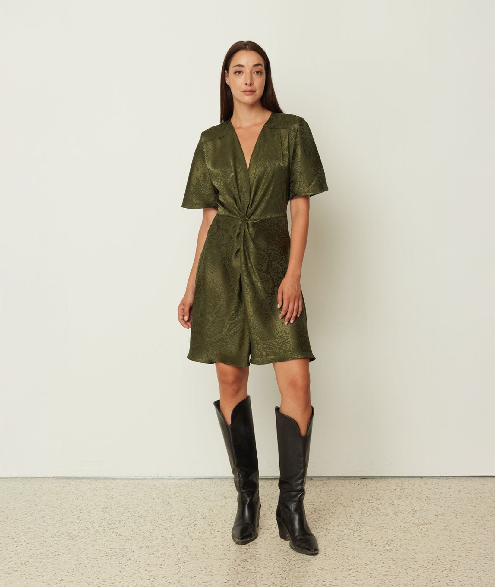 CKontova | Khaki satin printed mini dress CKontova