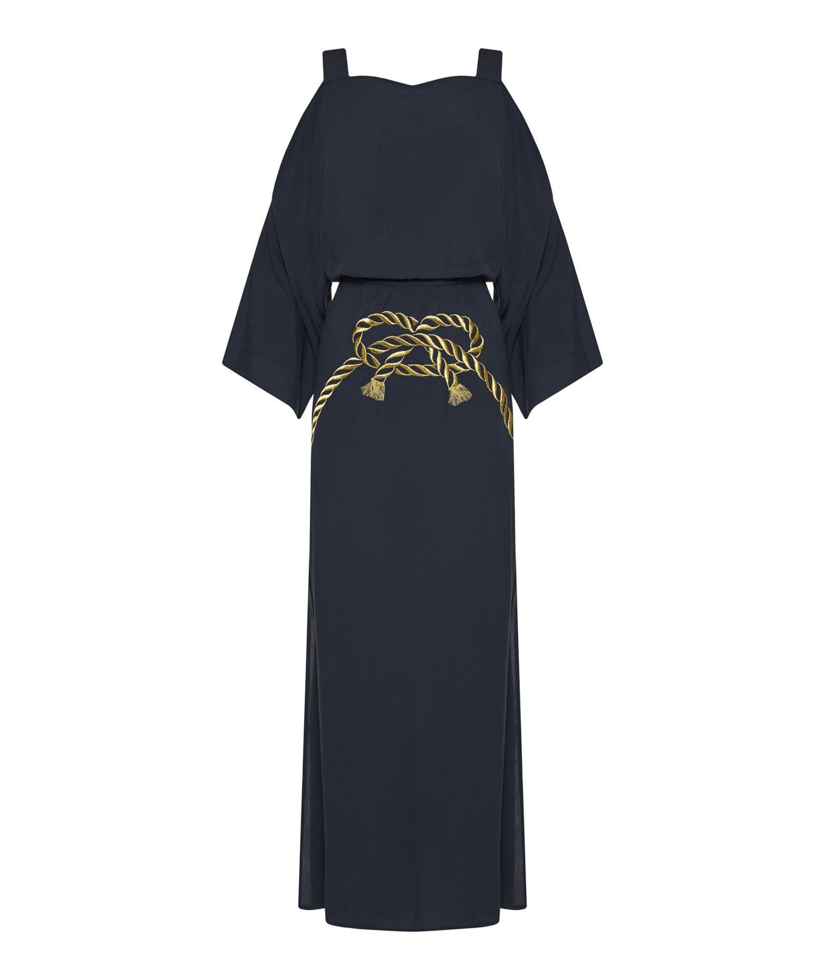 Ancient Kallos | Navy blue embroidered Marina off-shoulder maxi dress Ancient Kallos
