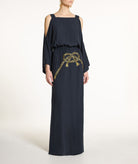 Ancient Kallos | Navy blue embroidered Marina off-shoulder maxi dress Ancient Kallos