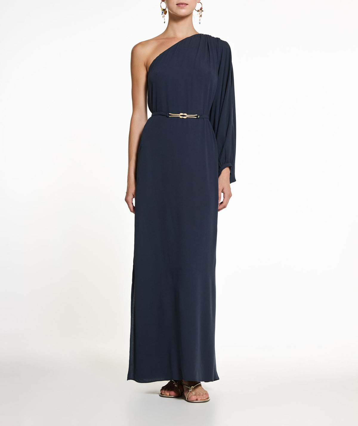Ancient Kallos | Navy blue one shoulder Niriis belted maxi dress Ancient Kallos