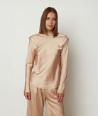 CKontova | Beige satin draped open-back blouse CKontova