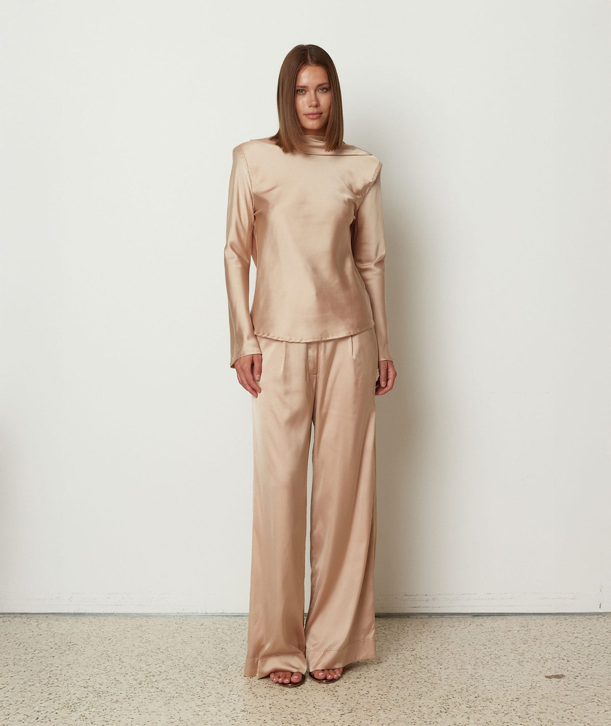CKontova | Beige satin draped open-back blouse CKontova